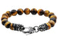 Tiger Eye Stainless Steel Beaded Bracelet With Black Cubic Zirconia