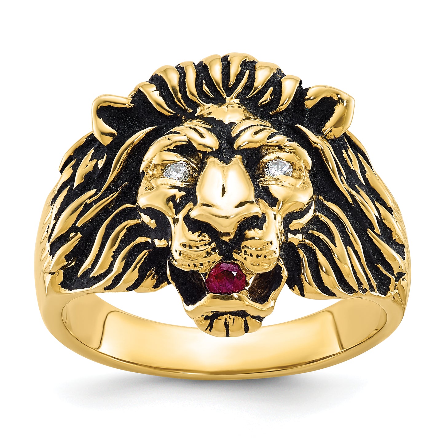 14K Yellow Gold Diamond and Ruby Lion Head Mens Ring B05384