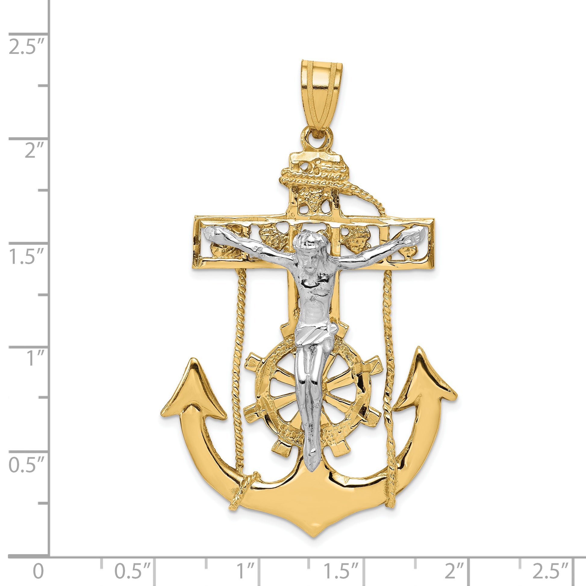 14K two-tone large mariner crucifix pendant 56 mm dimensions - C1419