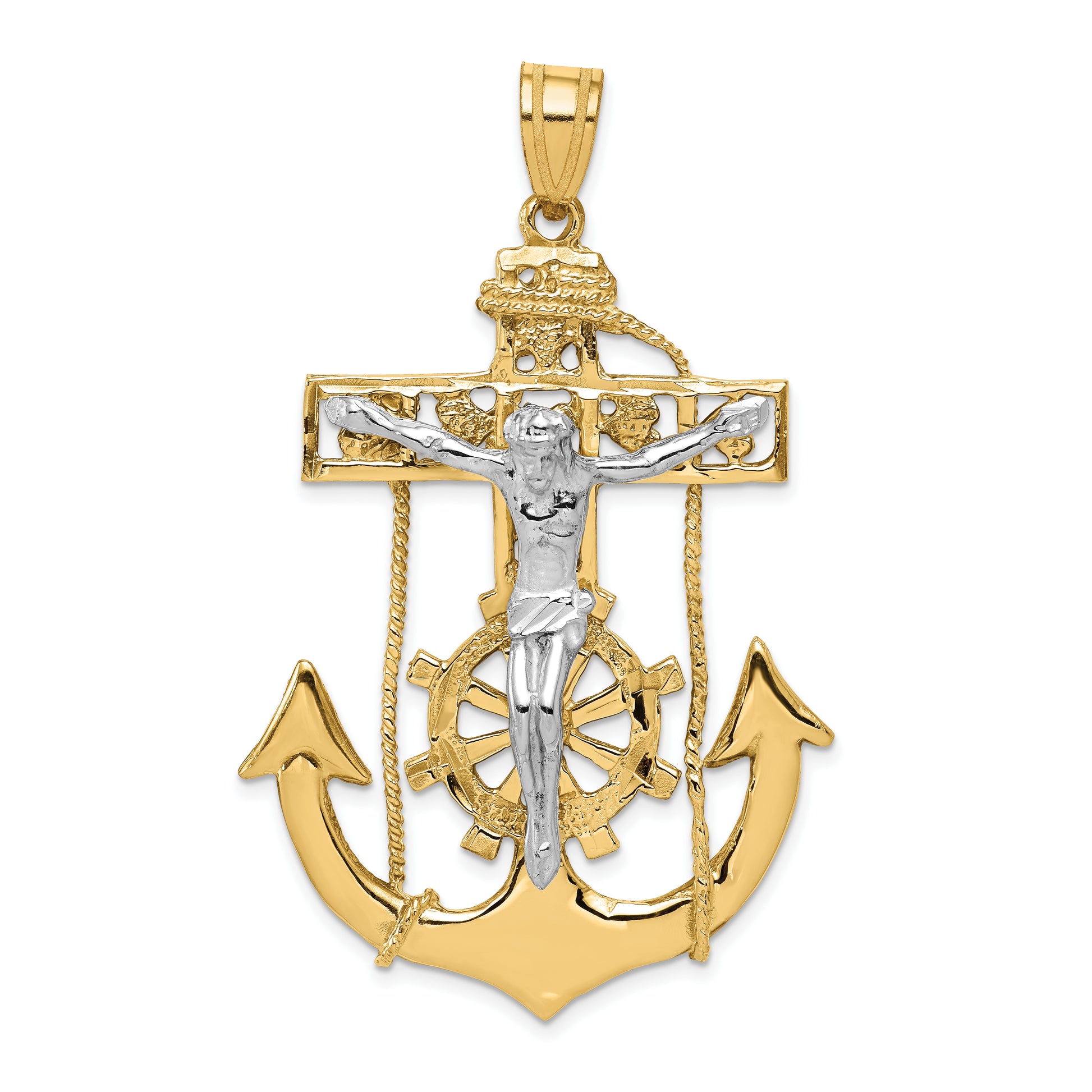 14K two-tone gold large mariner link crucifix pendant 56 mm - C1419