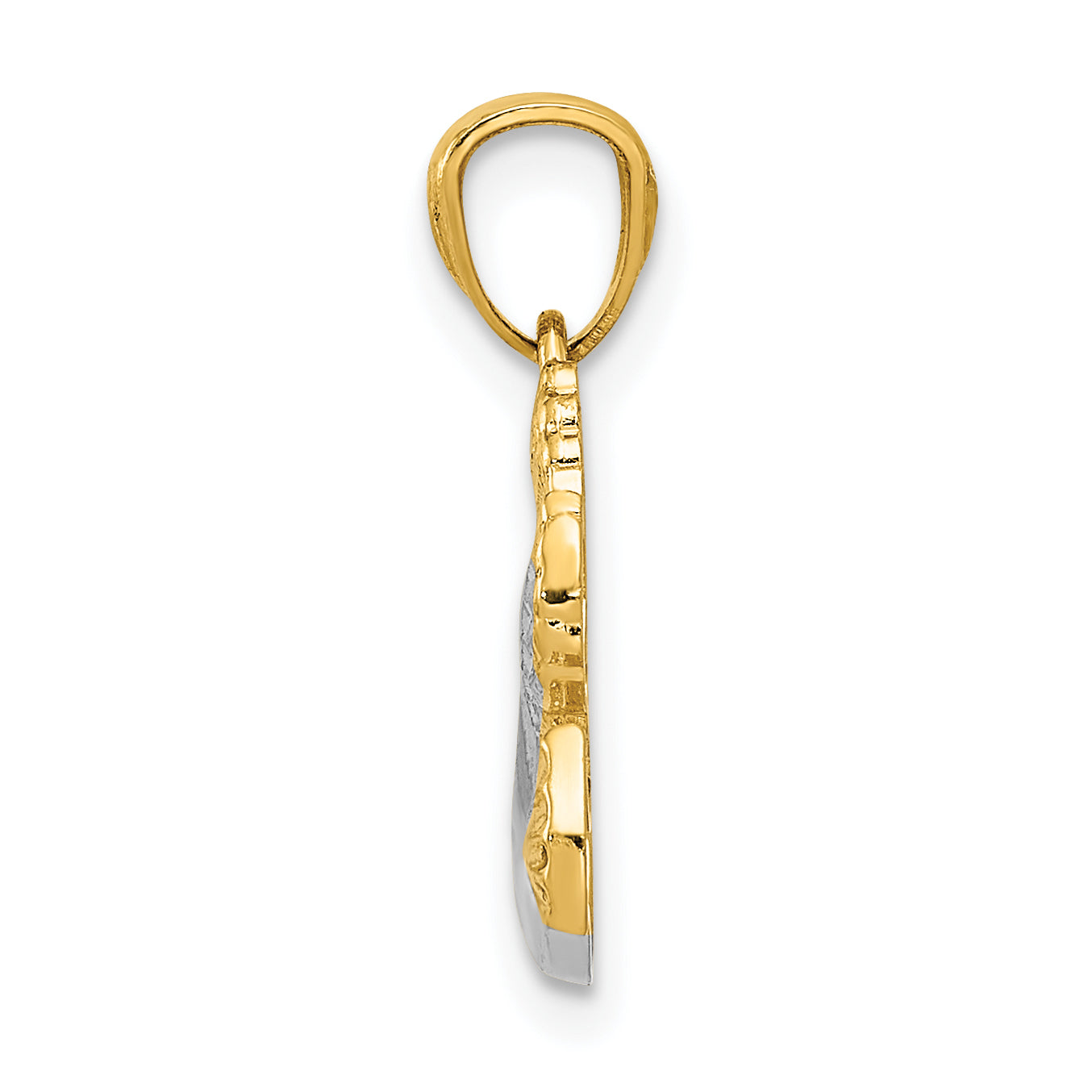 14K gold dove pendant with white rhodium accents, angled view