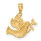 14K gold dove with olive branch pendant, side view
