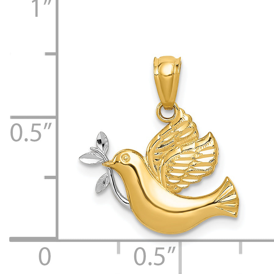 14K two-tone gold dove pendant shown on model