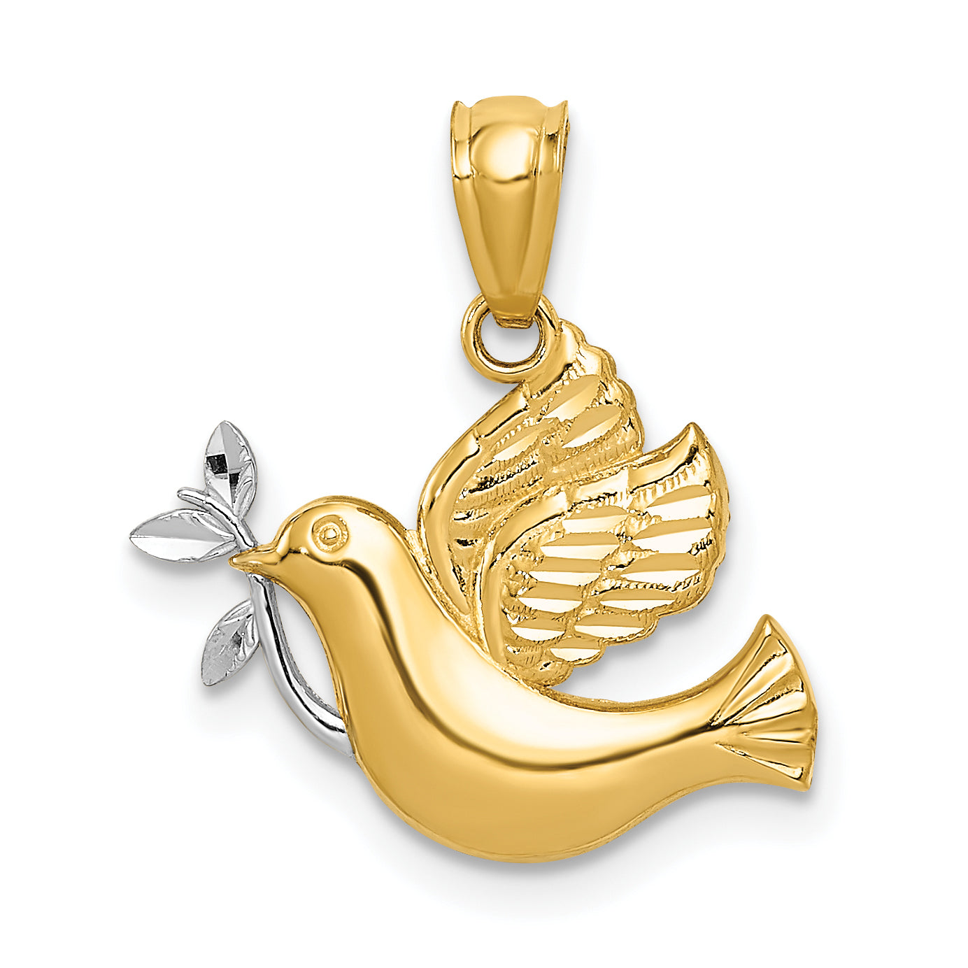 14K two-tone gold dove with olive branch pendant