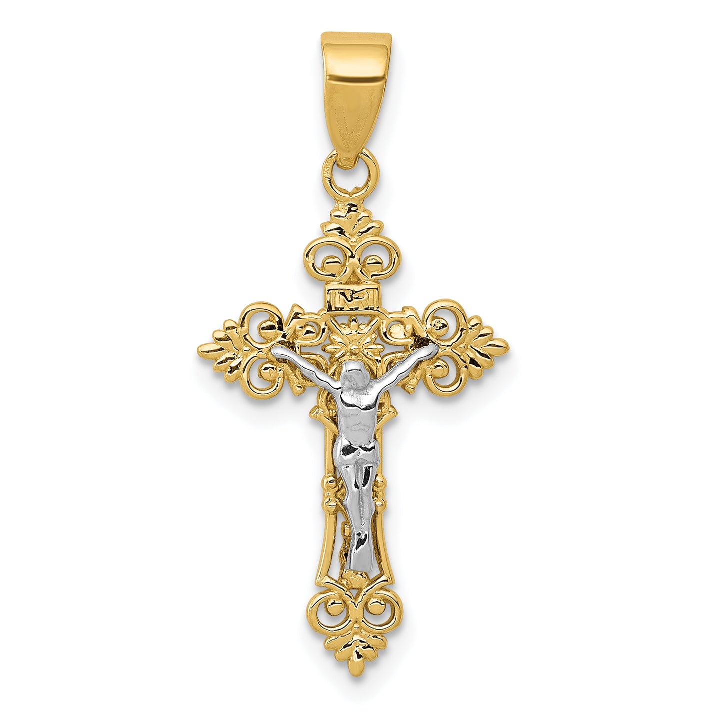 14K Two-Tone Gold Small Lacy-Edge INRI Crucifix Pendant - main view