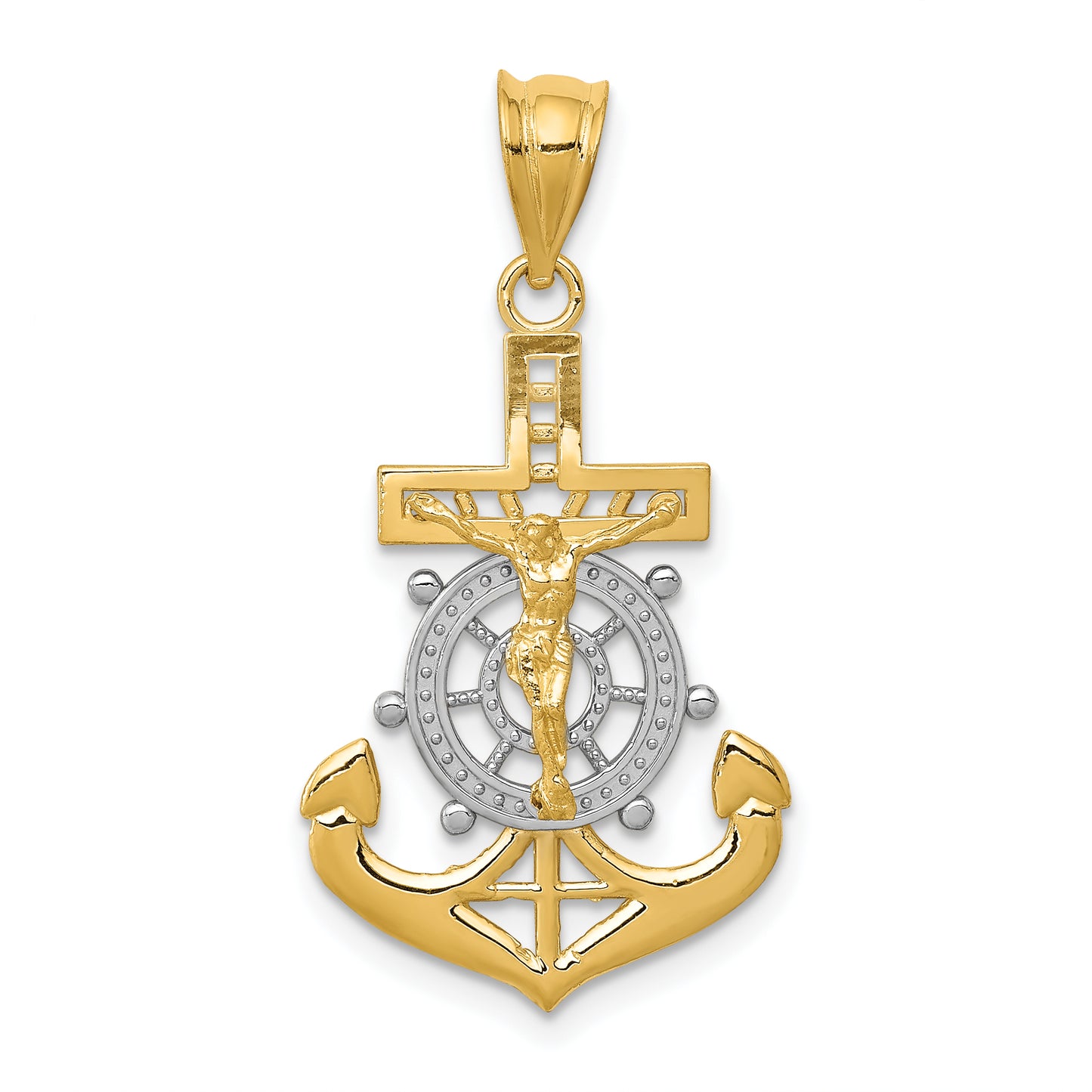14K Gold and White Rhodium Diamond-Cut Mariners Crucifix Pendant - main view