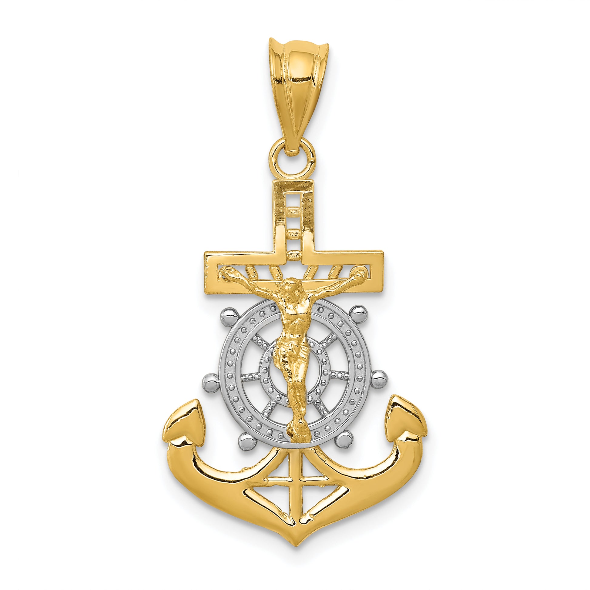 14K Gold and White Rhodium Diamond-Cut Mariners Crucifix Pendant - main view