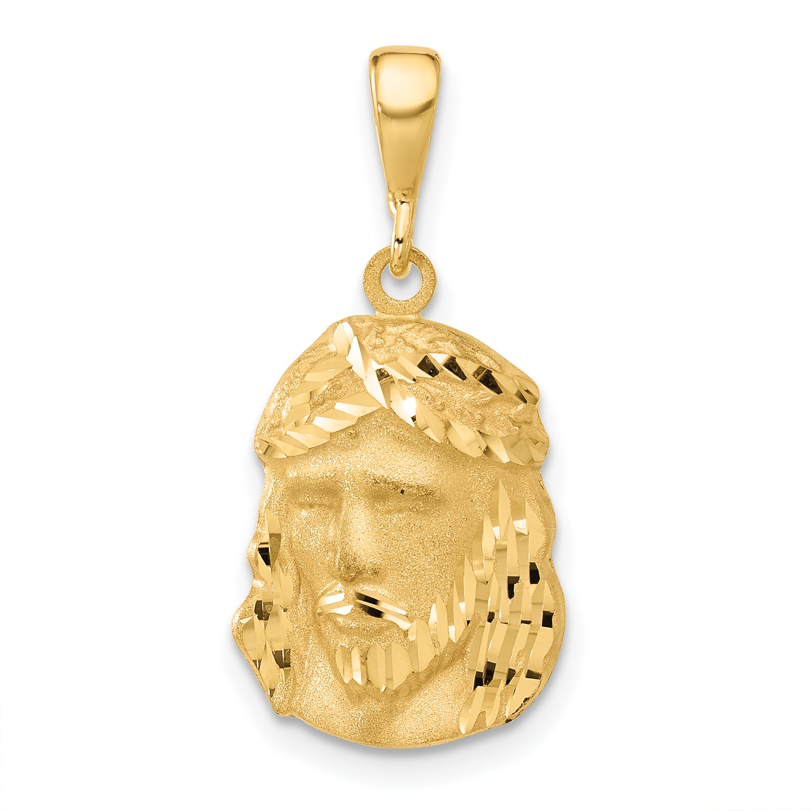 14K yellow gold satin and diamond-cut Jesus face pendant - C4968