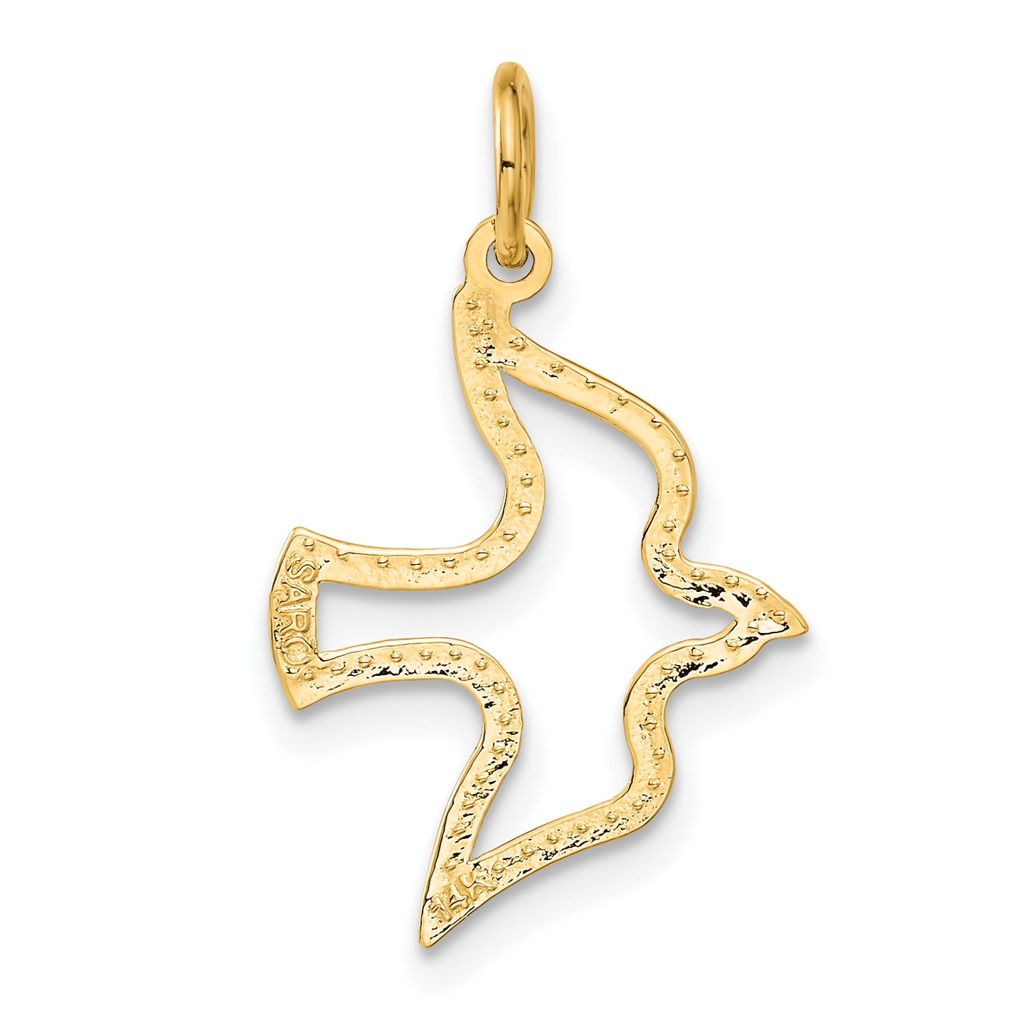 14K gold cut-out dove pendant, side view