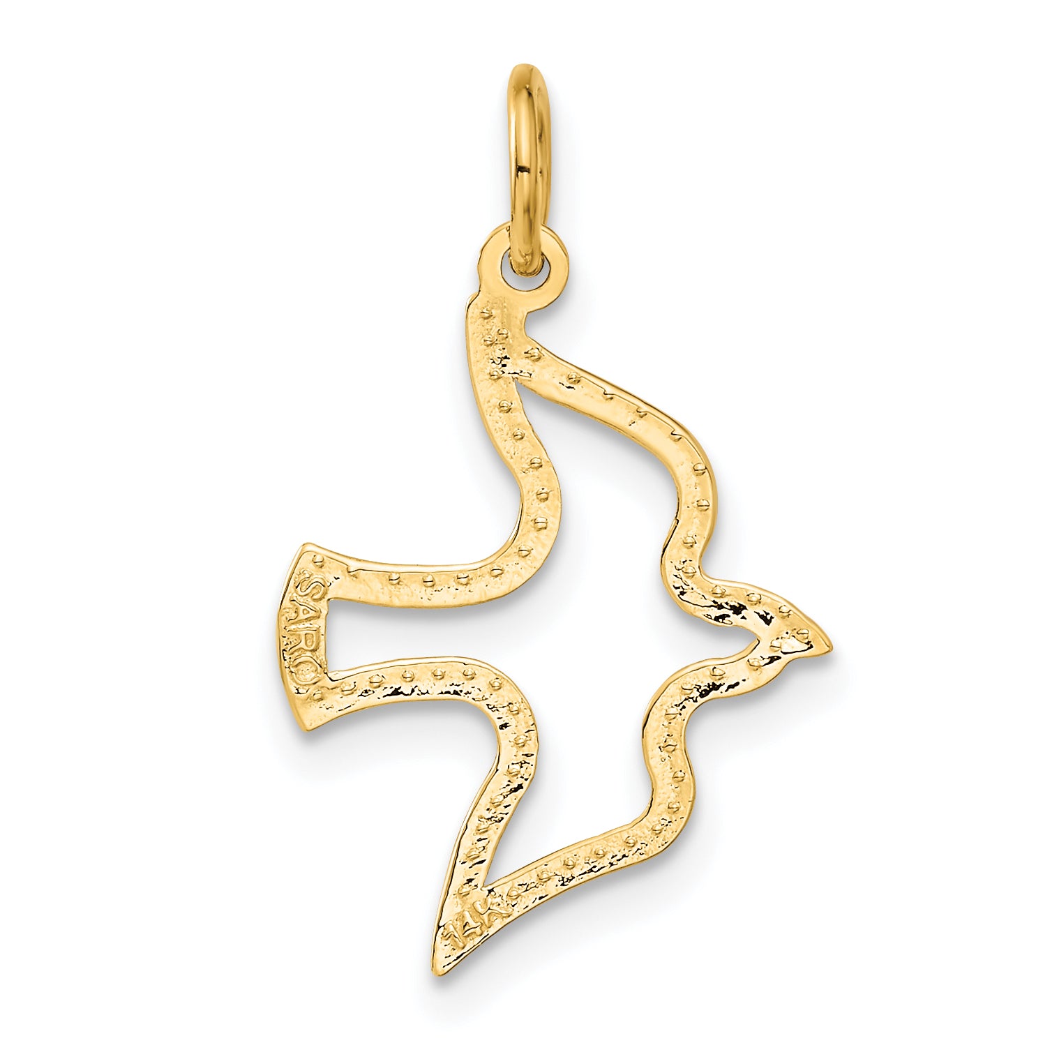 14K gold cut-out dove pendant, side view