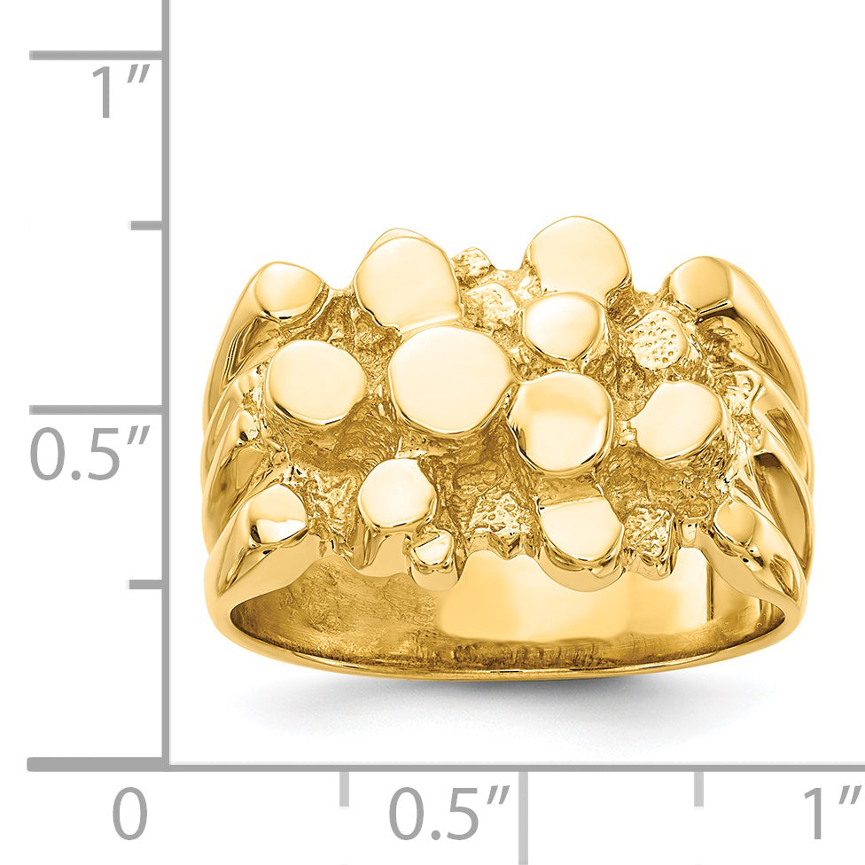Gold nugget ring shown on hand