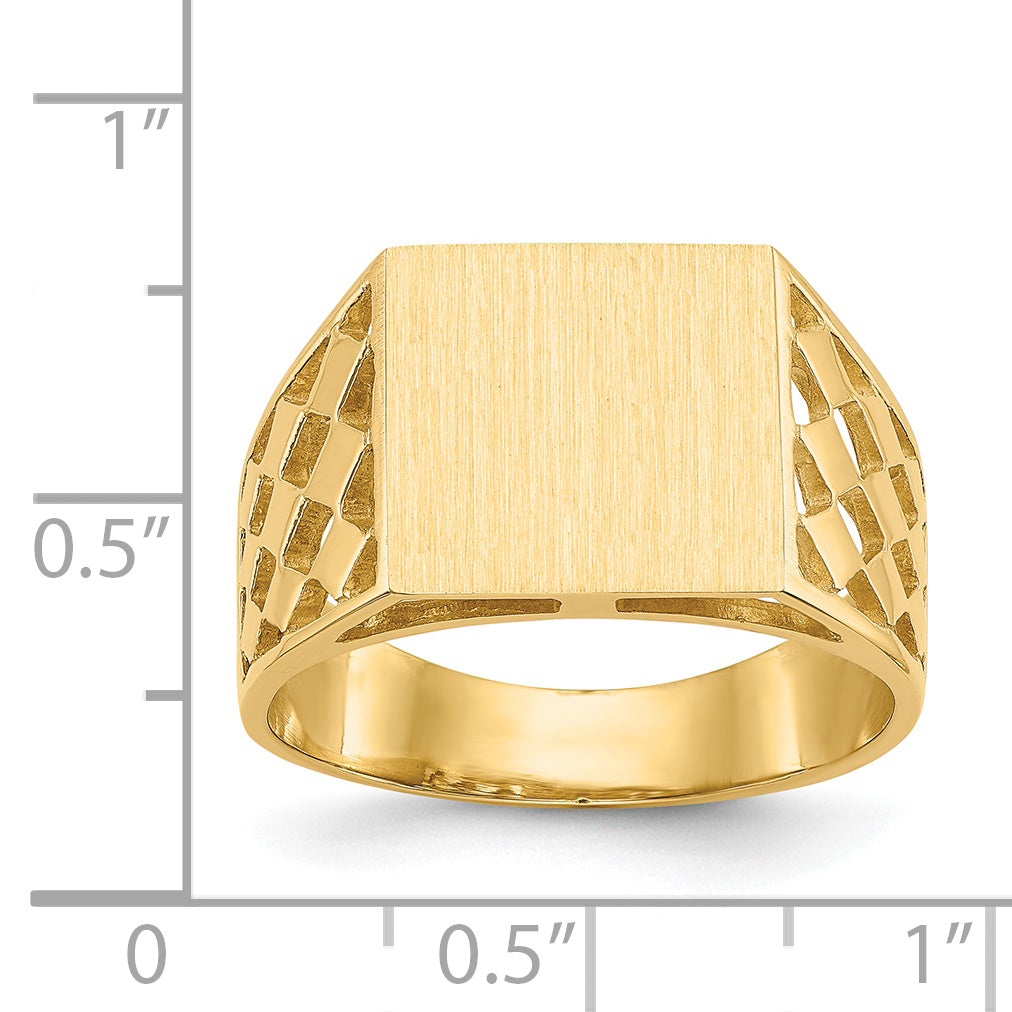 14K Yellow Gold Cut-Out Square Mens Rectangle Signet Ring CH163 - shown on hand