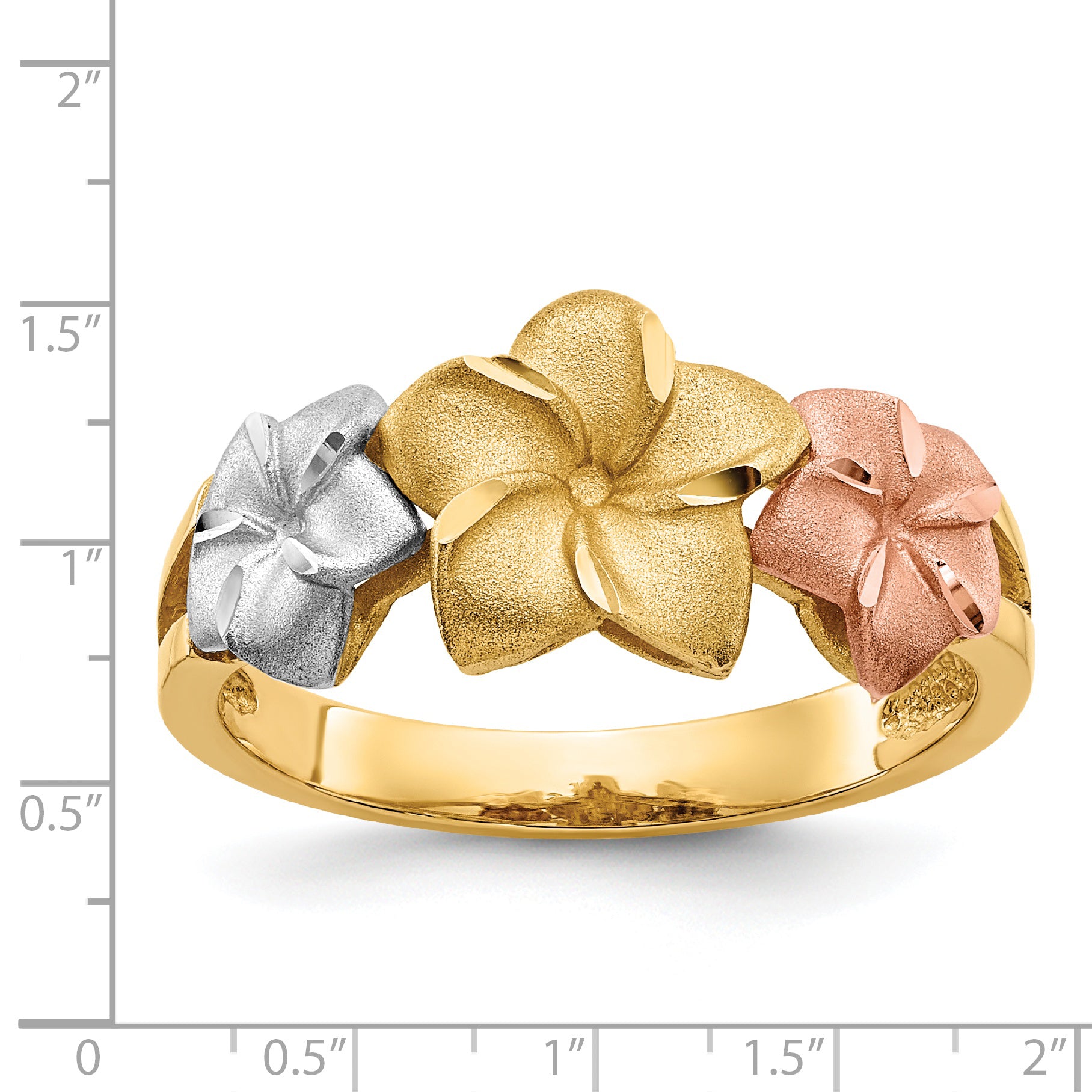 14K Tri-Color Gold Plumeria Flowers Cocktail Ring - close-up of plumeria flowers
