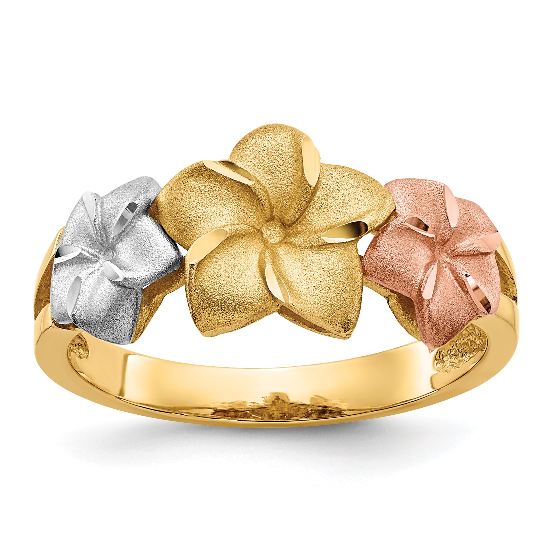 14K Tri-Color Gold Plumeria Flowers Cocktail Ring - front view