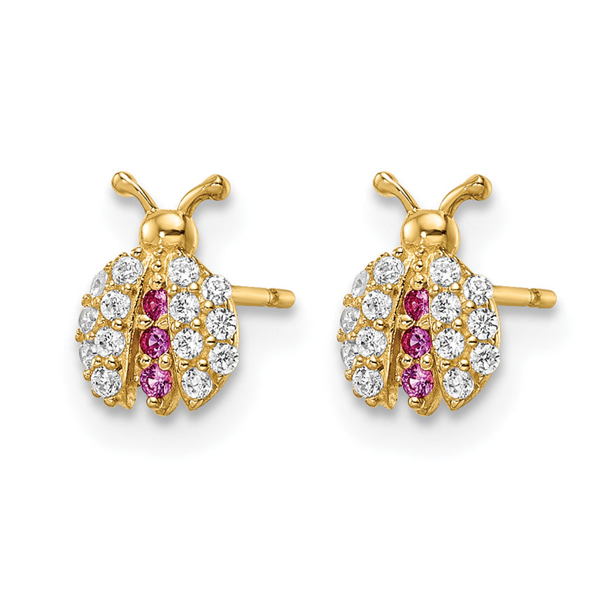 Pair of 14K gold CZ ladybug studs shown front and side