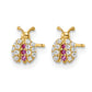 Pair of 14K gold CZ ladybug studs shown front and side