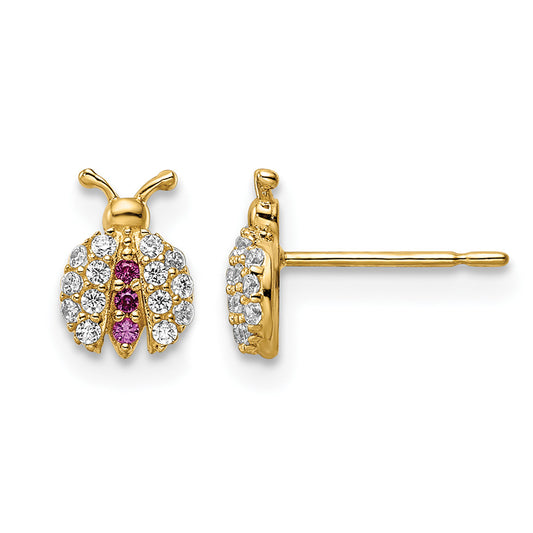14K yellow gold ladybug stud earrings for girls with red and clear cubic zirconia