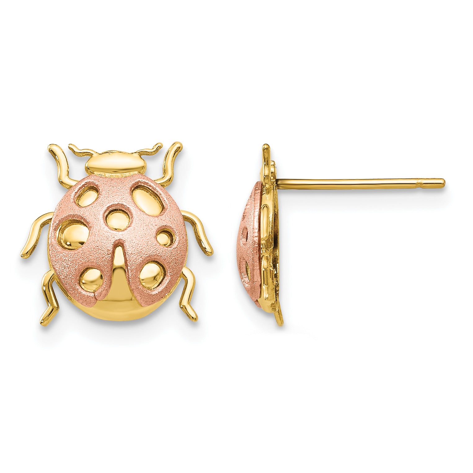 14K yellow and rose gold ladybug stud earrings with cut-out spots