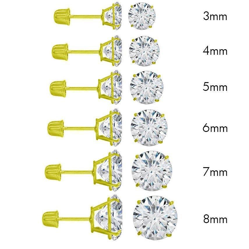 14K gold round moissanite stud earring shown with screw back post