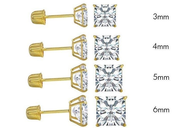14K gold square moissanite stud earring shown with screw back post