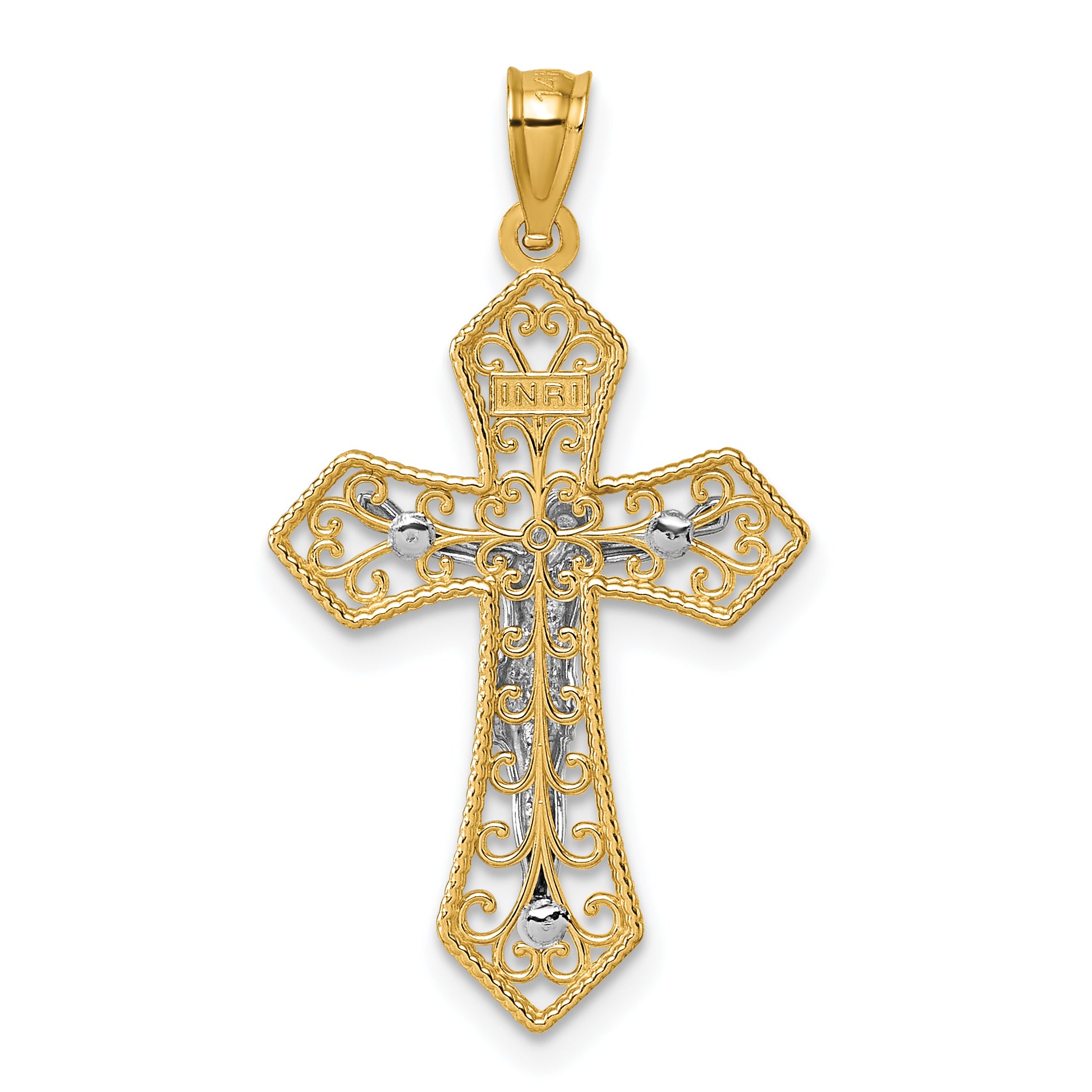 14K two-tone filigree Passion crucifix pendant detail view - K10097