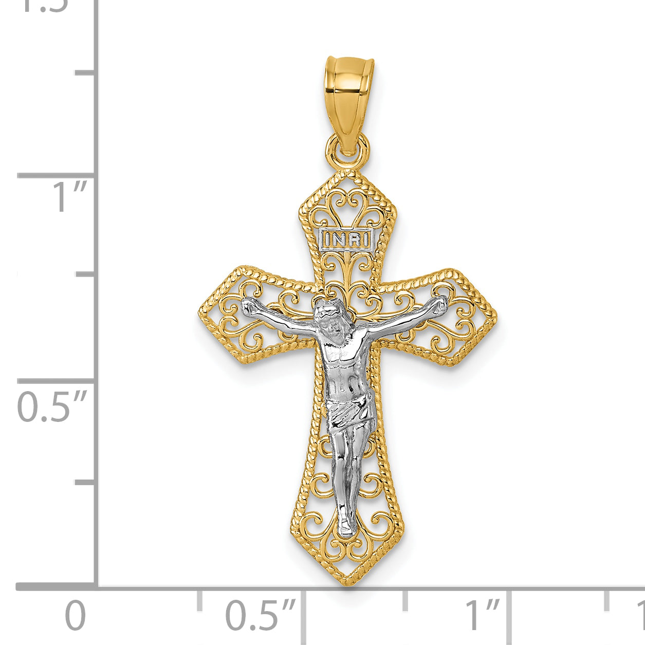 14K two-tone filigree Passion crucifix pendant dimensions - K10097