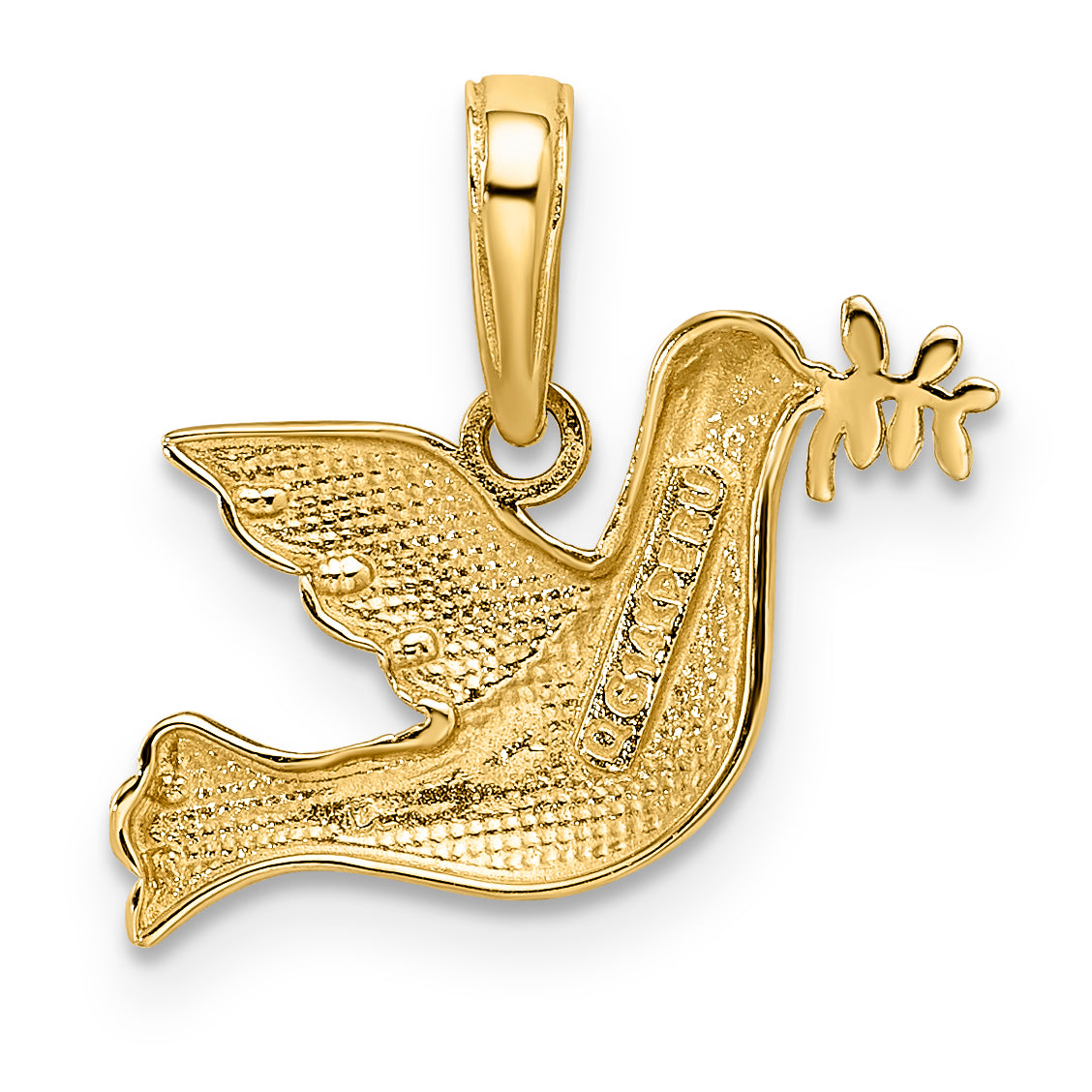 14K gold dove charm pendant, side view showing 1.25 mm thickness
