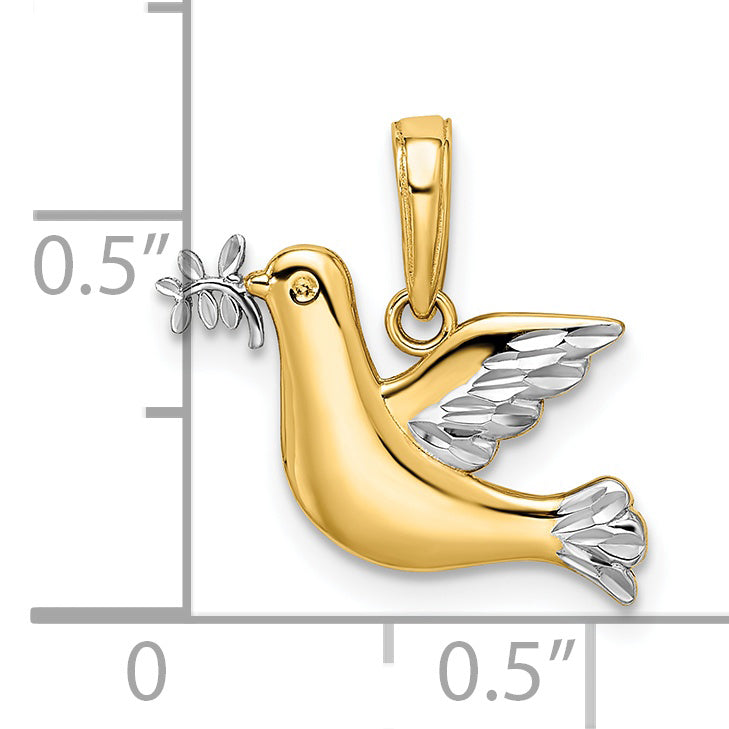 14K two-tone gold dove charm pendant shown on model