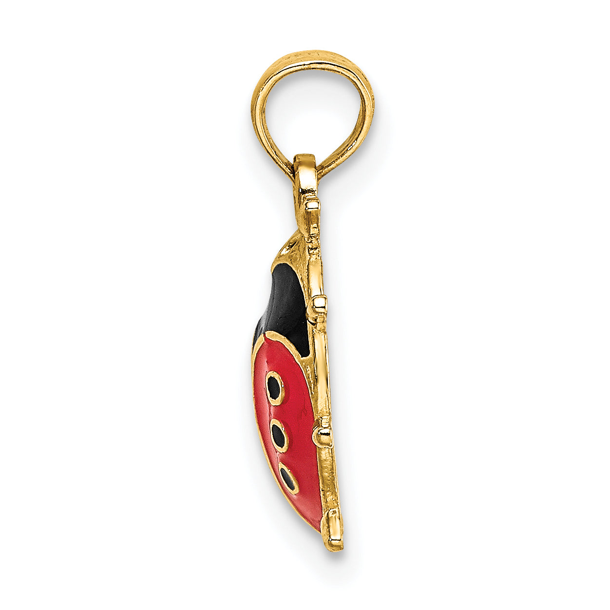 3D 14K gold enamel ladybug charm shown front and side