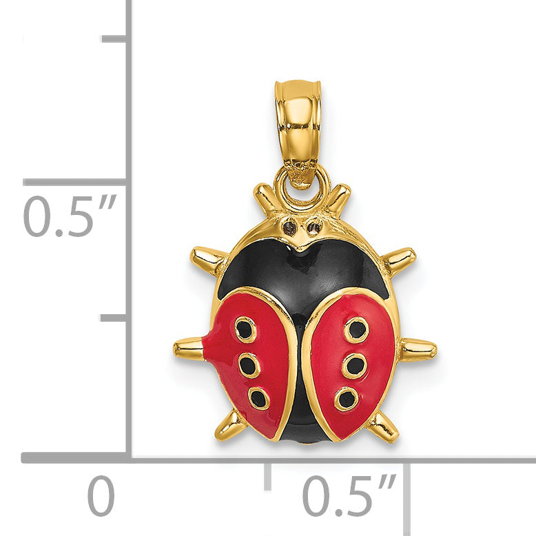 3D 14K gold ladybug charm next to a half inch scale