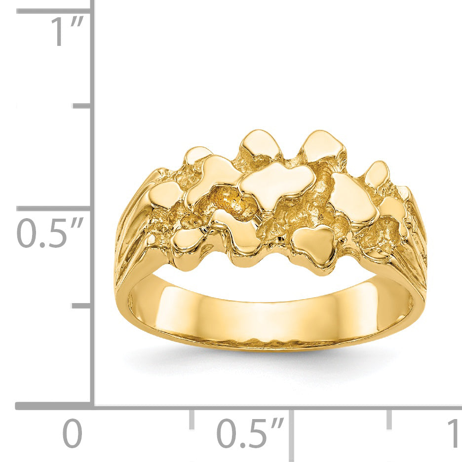 14K gold wide nugget ring shown on hand