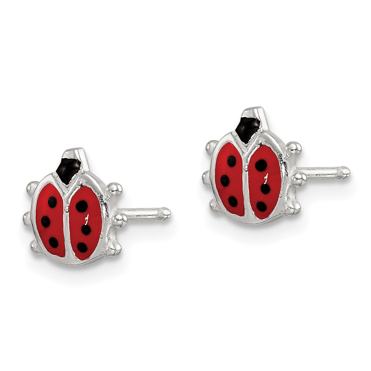 Pair of 3/8 inch sterling silver ladybug studs shown front and side