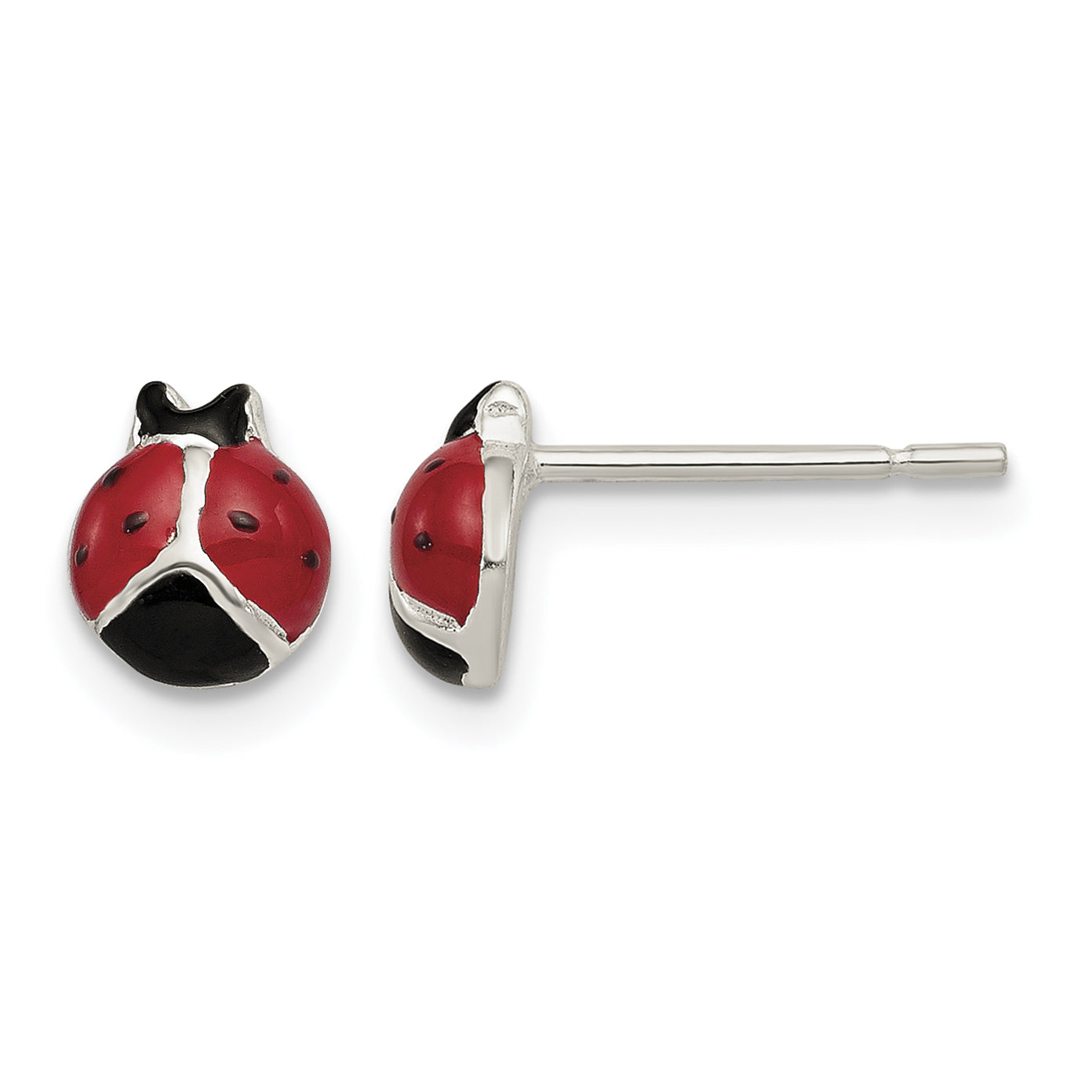 Sterling silver ladybug stud earrings for girls with red and black enamel