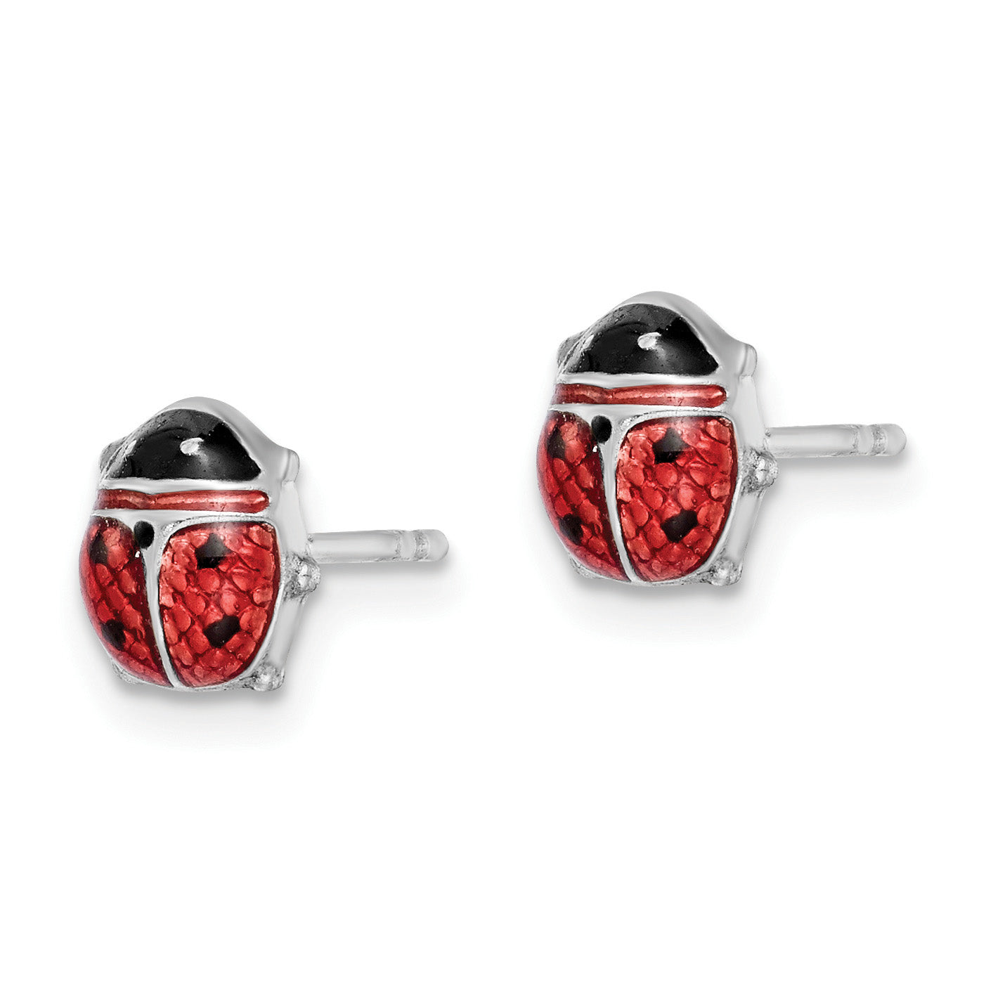 Pair of sterling silver enamel ladybug studs shown front and side
