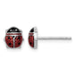 Rhodium finished sterling silver ladybug stud earrings with red and black enamel