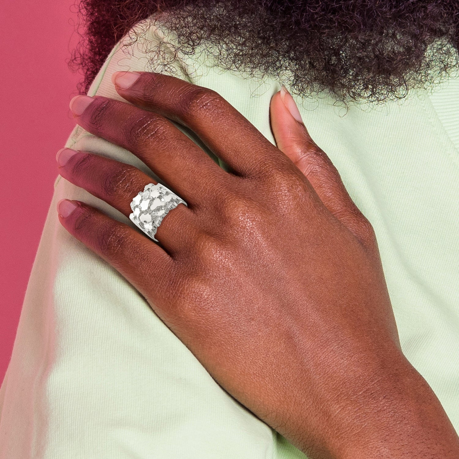 Sterling silver open nugget ring detail