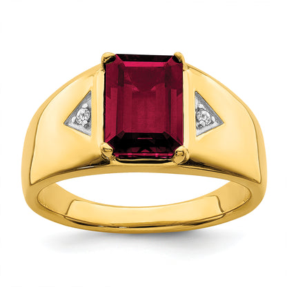 14K Yellow Gold Emerald-Cut Lab Ruby and Diamond Mens Ring RM6658