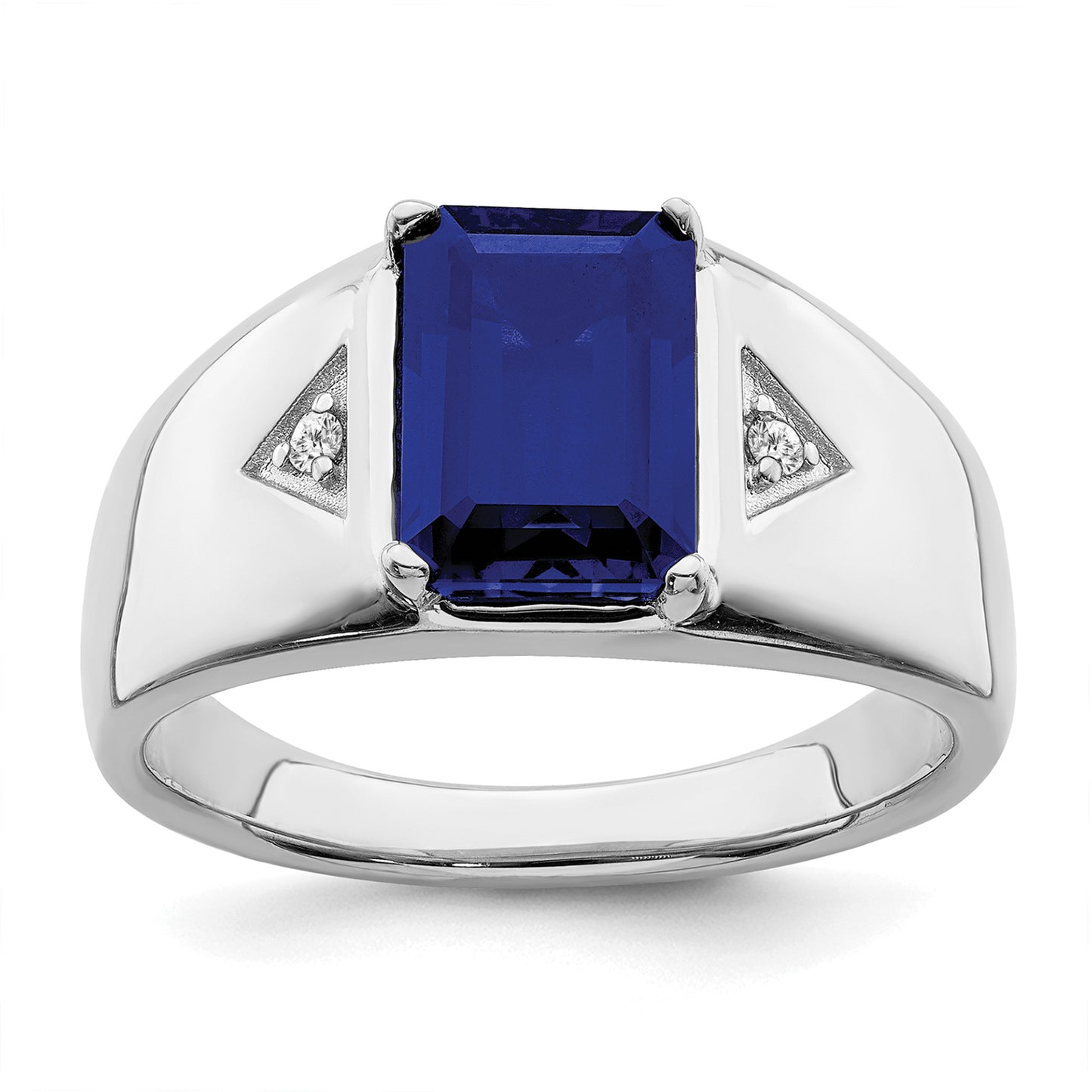 14K White Gold Emerald-Cut Lab Sapphire and Diamond Mens Ring RM6658