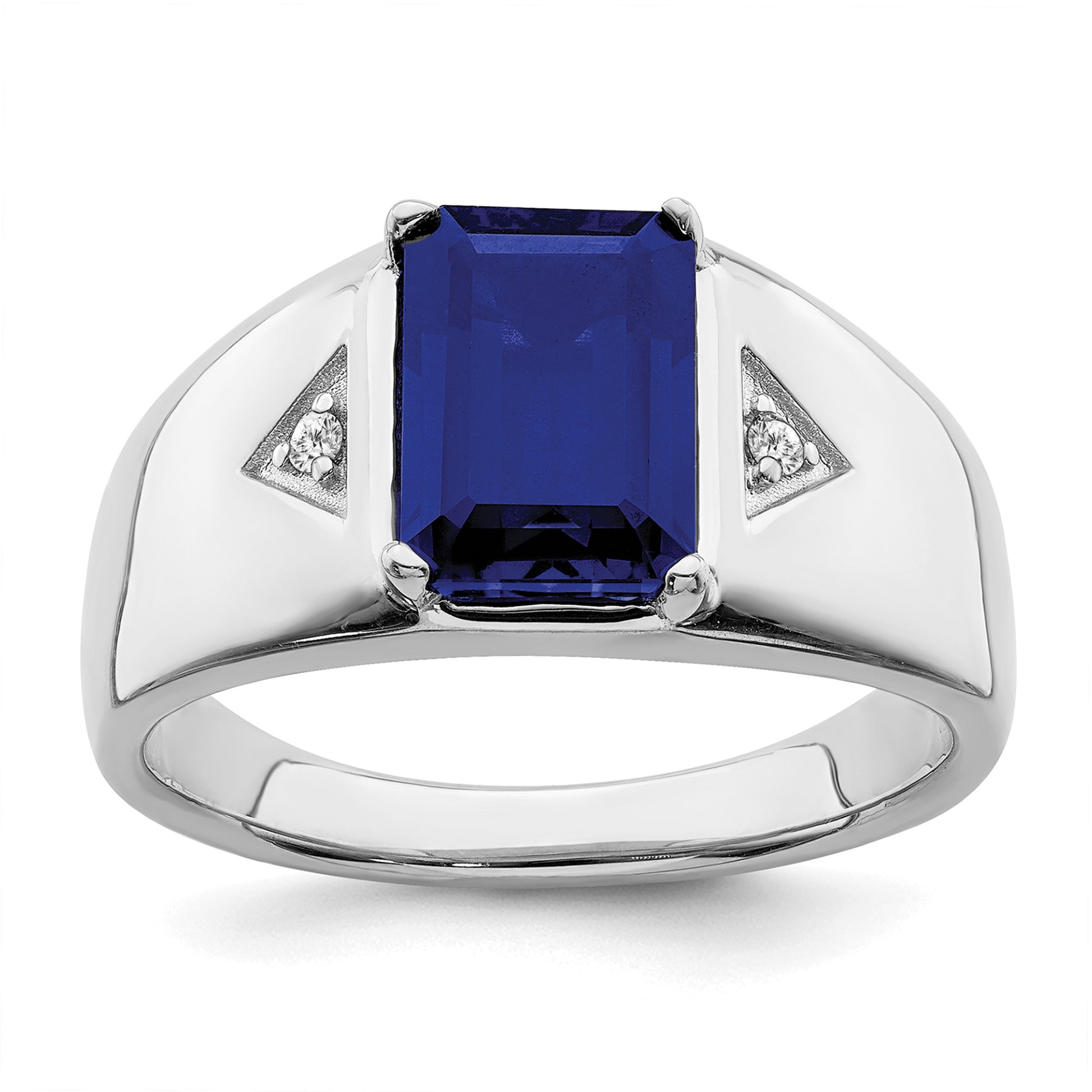 14K White Gold Emerald-Cut Lab Sapphire and Diamond Mens Ring RM6658