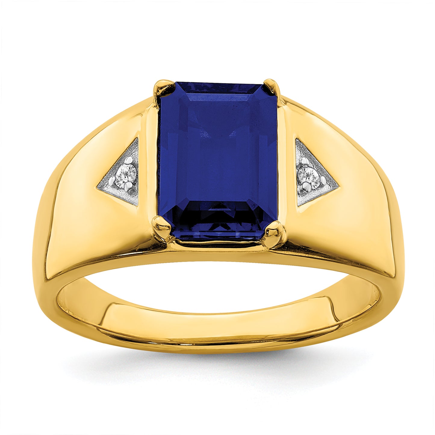 14K Yellow Gold Emerald-Cut Lab Sapphire and Diamond Mens Ring RM6658