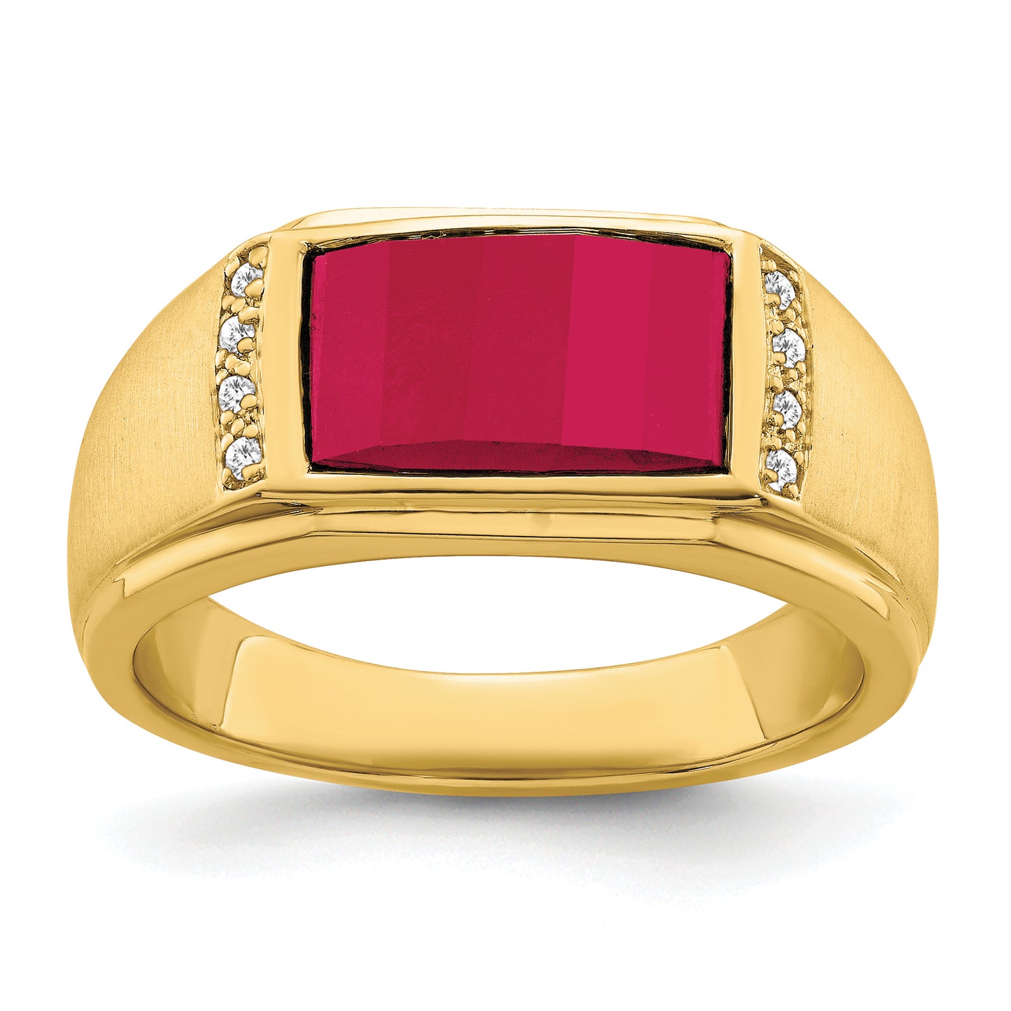 14K Yellow Gold Barrel Lab Ruby and Diamond Mens Ring RM7359
