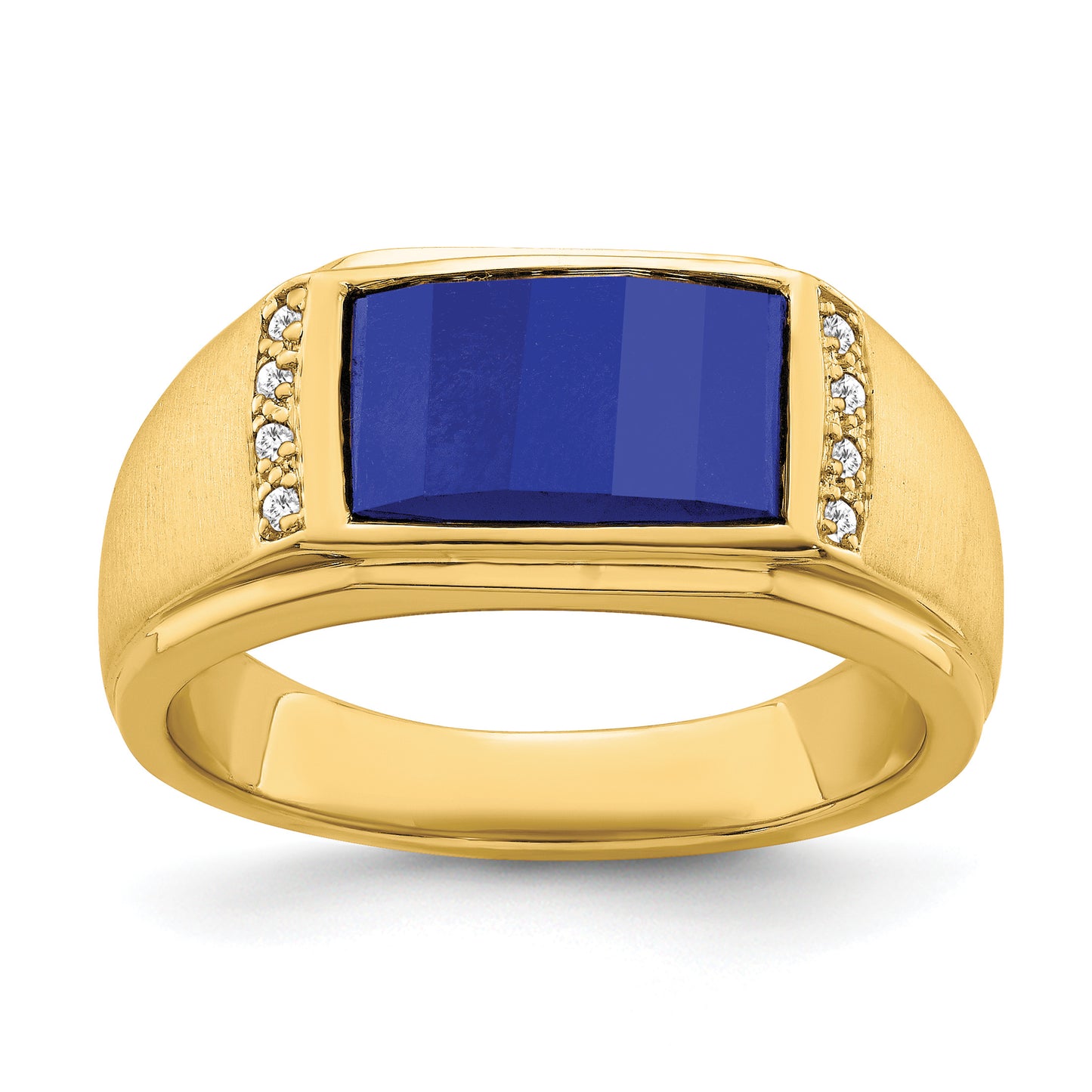 14K Yellow Gold Barrel Lab Sapphire and Diamond Mens Ring RM7359