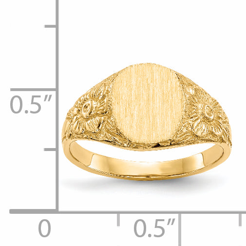 14K Yellow Gold Floral Oval Open Back Signet Ring RS168 - shown on hand