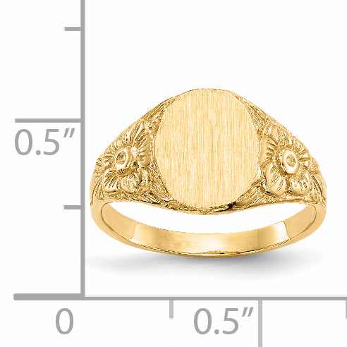 14K Yellow Gold Floral Oval Closed Back Signet Ring RS169 - shown on hand
