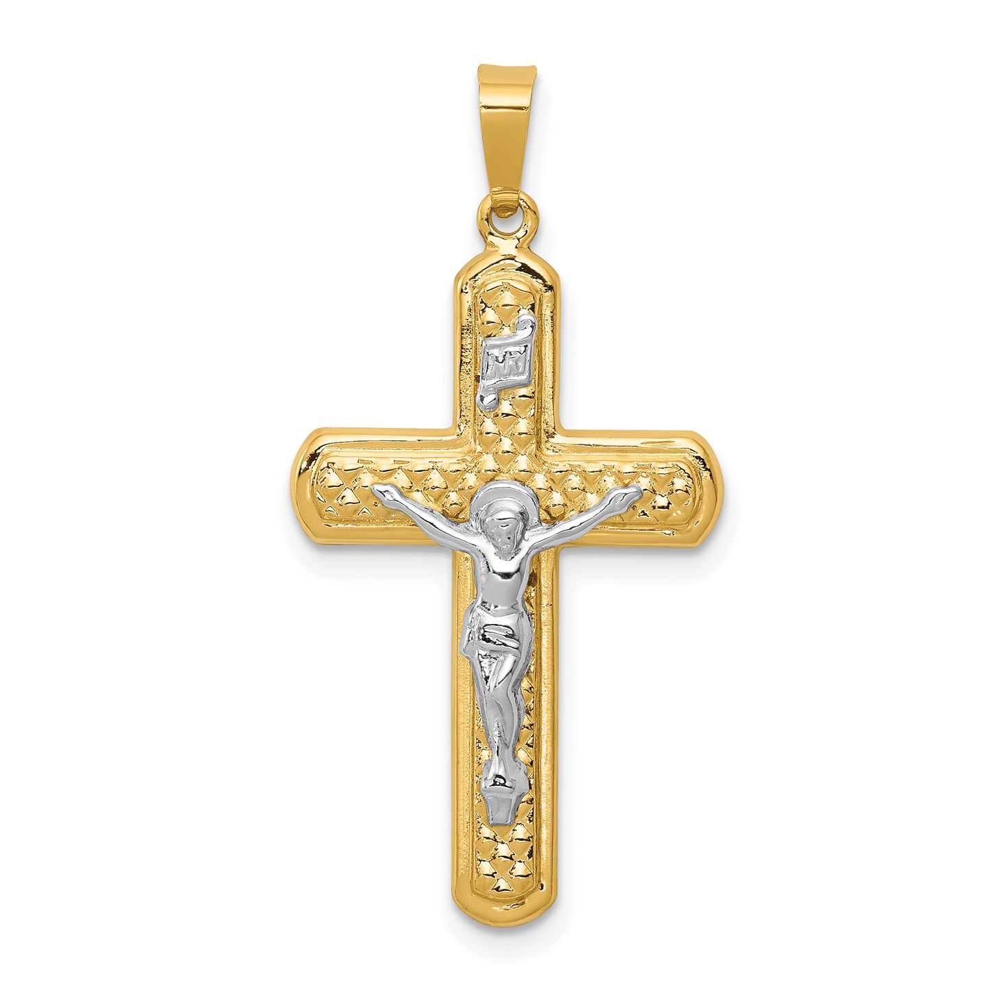 14K Two-Tone Gold Polished and Textured INRI Crucifix Pendant - main view