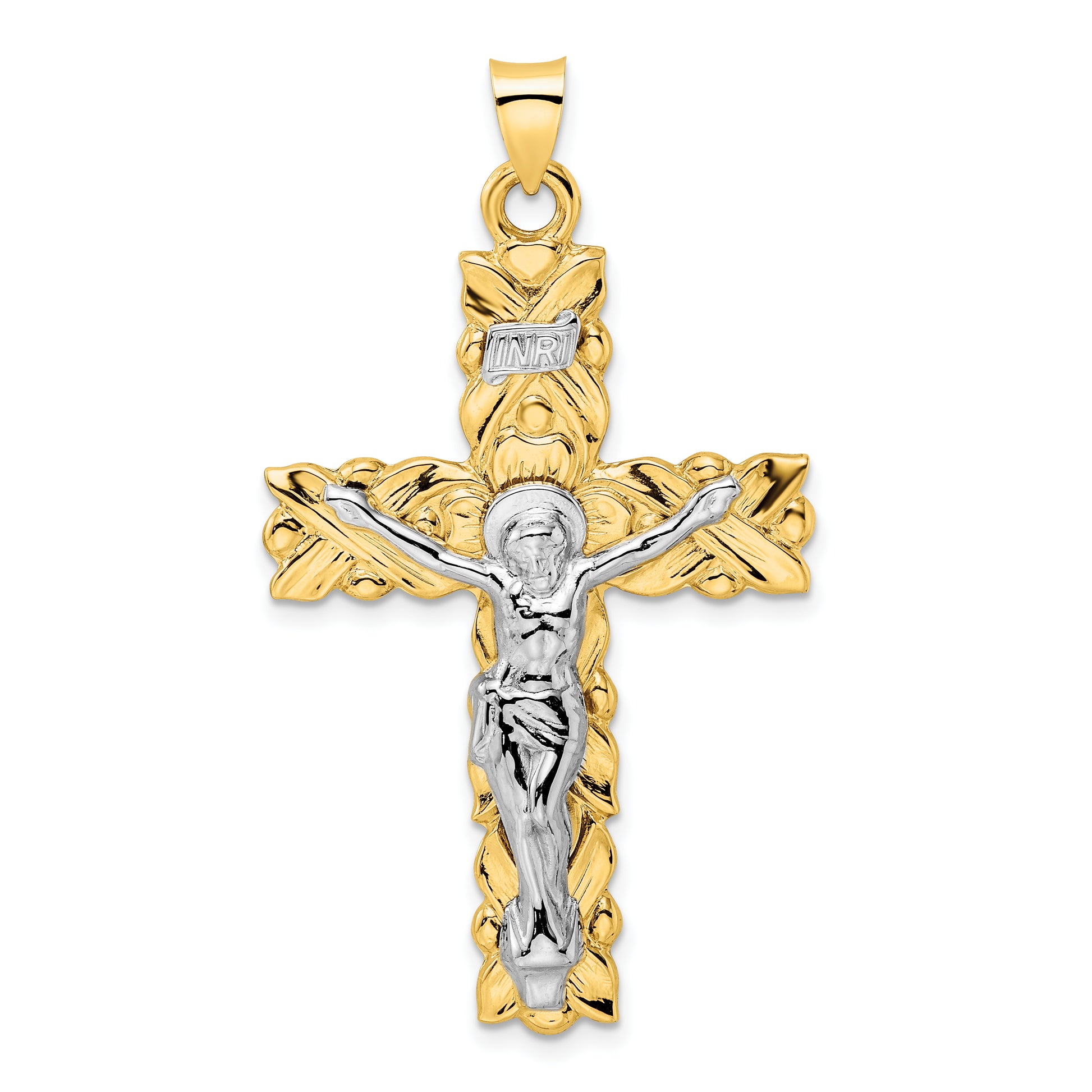 14K two-tone gold solid INRI crucifix pendant - XR2051