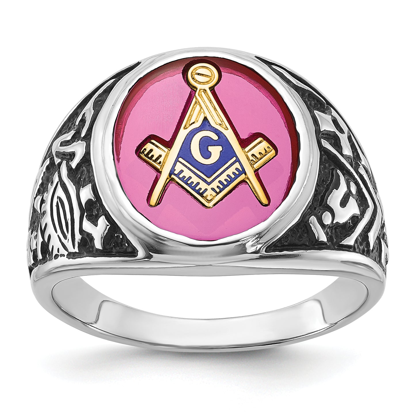 14K White Gold Lab Ruby Masonic Mens Ring Y4071M