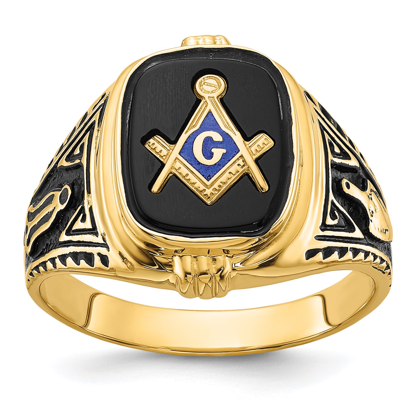 14K Yellow Gold Antiqued Onyx Masonic Mens Ring Y4078M