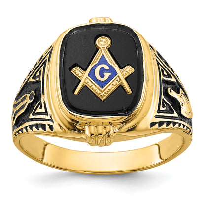14K Yellow Gold Antiqued Onyx Masonic Mens Ring Y4078M