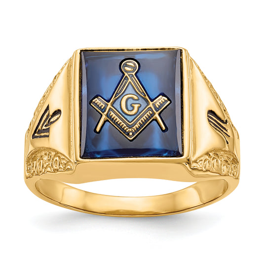 14K Yellow Gold Square Blue Spinel Masonic Mens Ring Y4094M